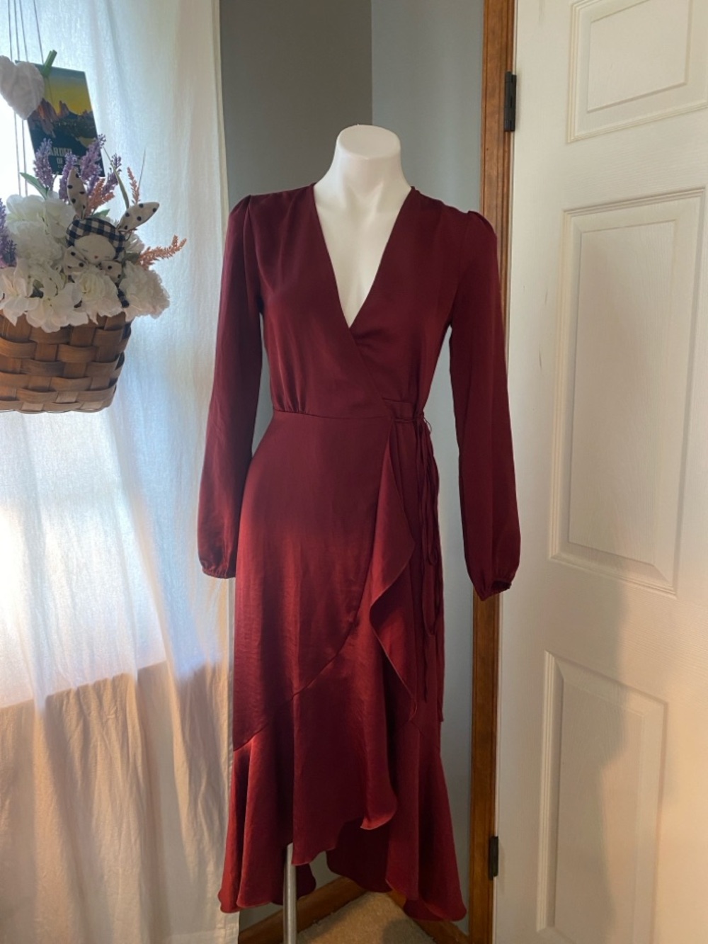 Wayf Burgundy Long Sleeve Wrap Midi Dress